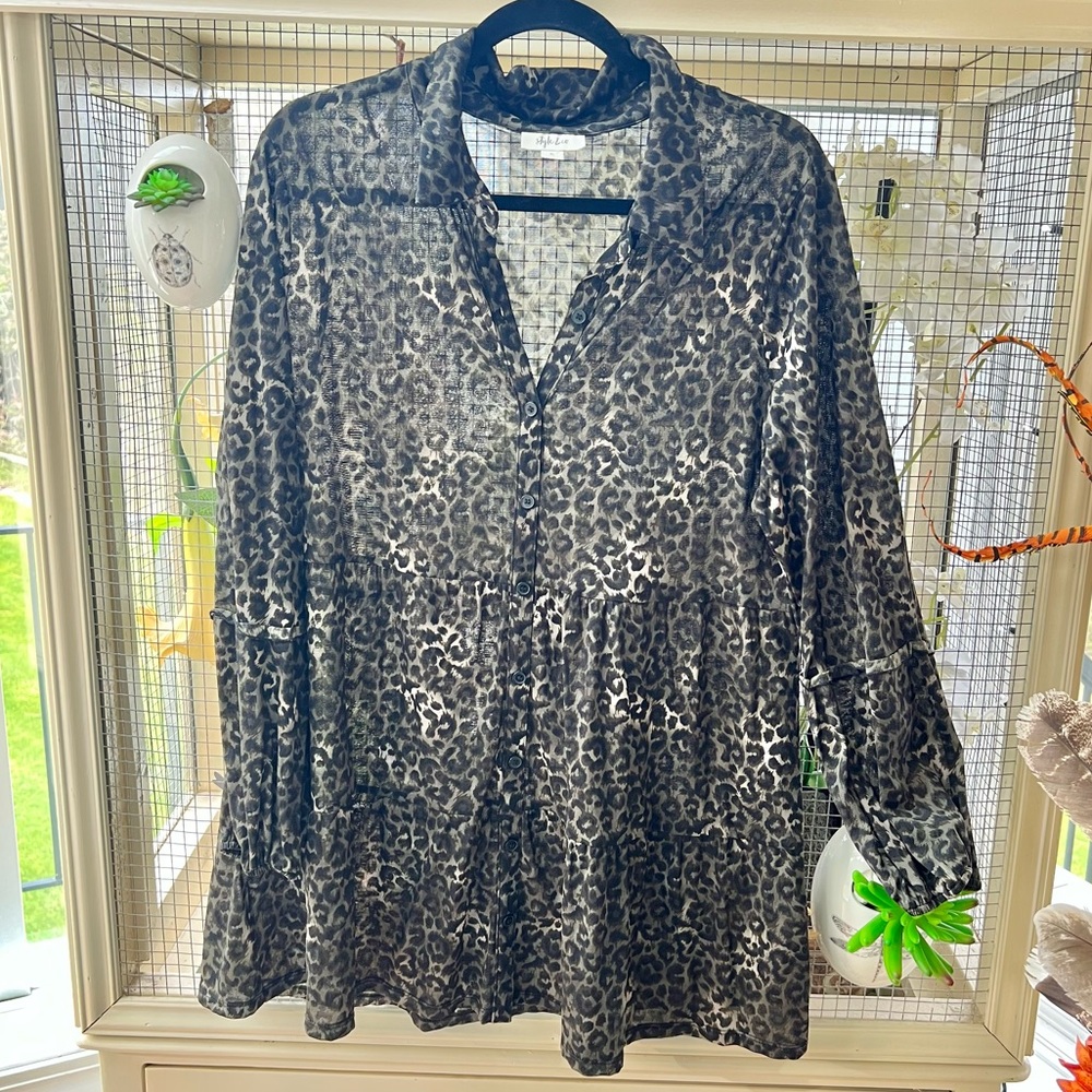 Style & Co. Animal Print Button-Up Mesh Shirt Top L/XL